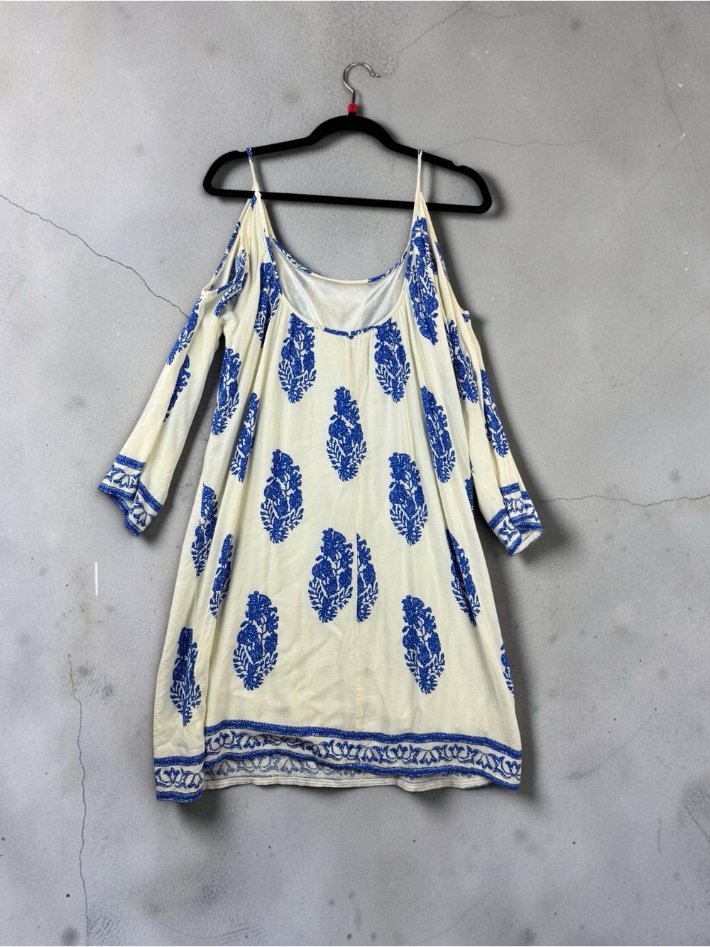 Fashiononics Cream & Blue Cold-Shoulder Printed Dress